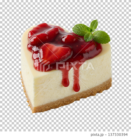 Beautiful heart-shaped strawberry cheesecake with a fresh mint garnish, isolated. Perfect for valentine's day, anniversaries, and romantic desserts 137330394