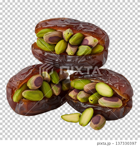 Delicious medjool dates stuffed with creamy pistachio filling and topped with crushed pistachios, isolated. Perfect for healthy snacks and energy bites 137330397