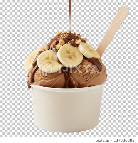 Delicious cup of rich chocolate ice cream topped with fresh banana slices, crunchy nuts, and drizzled chocolate syrup, isolated 137330398