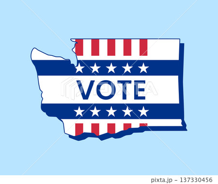 Washington state map filled with U.S. flag stars and stripes, bold Vote text overlay. Patriotic election concept symbolizing democracy, civic duty, and American pride. Washington state map filled with U.S. flag stars and stripes, bold Vote text overlay. Patriotic election concept symbolizing democracy, civic duty, and American pride. 137330456