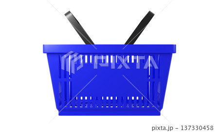 Plastic shopping basket, blue empty store basket, supermarket shopping cart concept, 3D rendering, isolated on white background, retail, grocery, consumer shopping, market container. 137330458