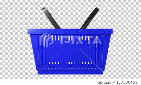 Plastic shopping basket, blue empty store basket, supermarket shopping cart concept, 3D rendering, isolated on white background, retail, grocery, consumer shopping, market container. 137330458
