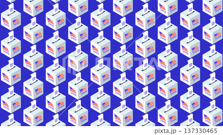 Isometric ballot boxes with completed bulletins and check marks. Pattern of boxes for US elections, voting concept, civic duty, election background, vector illustration. 137330465