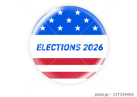 Realistic round vote badge with American flag. USA election voting sticker for 2026 midterm election. Responsible voting symbol, vector illustration. Realistic round vote badge with American flag. USA election voting sticker for 2026 midterm election. Responsible voting symbol, vector illustration. 137330468