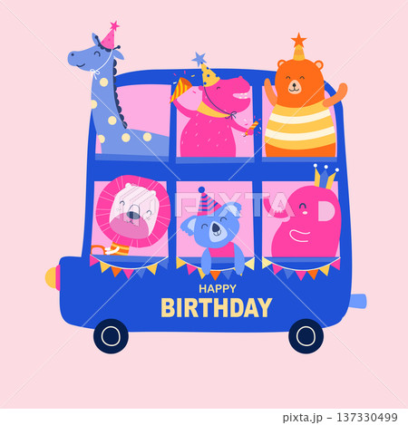 Cute animal with school bus.Happy birthday, holiday, baby shower celebration greeting and invitation card.Vector illustrations. Cute animal with school bus.Happy birthday, holiday, baby shower celebration greeting and invitation card.Vector illustrations. 137330499