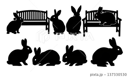 Black Solid Bench Bunny Silhouettes Set of Six on White Background 137330530