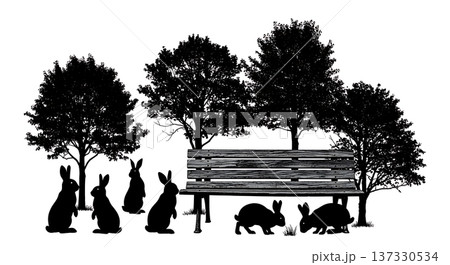 Black Solid Bench Trees Bunny Silhouettes Set of Six on White Background 137330534