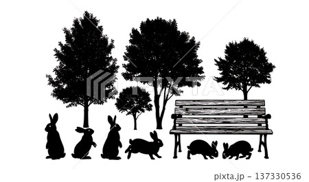 Black Solid Bench Trees Bunny Silhouettes Set of Six on White Background Black Solid Bench Trees Bunny Silhouettes Set of Six on White Background 137330536