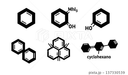 Black Solid Benzene Ring Molecular Silhouettes Set of Six on White Background Black Solid Benzene Ring Molecular Silhouettes Set of Six on White Background 137330539