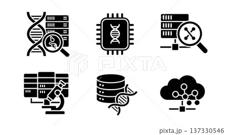 Black Solid Bioinformatics Silhouettes Set of Six on White Background Black Solid Bioinformatics Silhouettes Set of Six on White Background 137330546