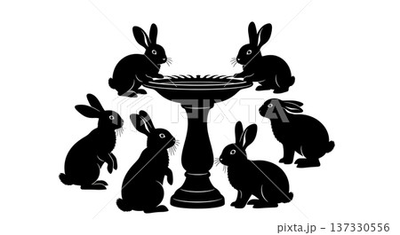 Black Solid Bird Feeder Bunny Silhouettes Set of Six on White Background 137330556