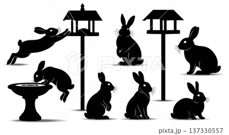 Black Solid Bird Feeder Bunny Silhouettes Set of Six on White Background 137330557