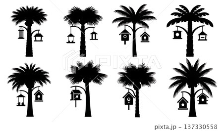 Black Solid Birdhouse Palm Tree Silhouettes Set of Six on White Background Black Solid Birdhouse Palm Tree Silhouettes Set of Six on White Background 137330558