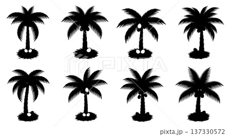 Black Solid Bird Nest Palm Silhouettes Set of Six on White Background 137330572