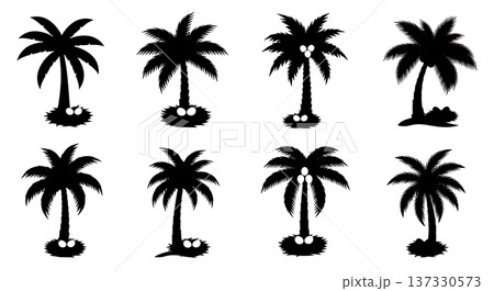 Black Solid Bird Nest Palm Silhouettes Set of Six on White Background Black Solid Bird Nest Palm Silhouettes Set of Six on White Background 137330573