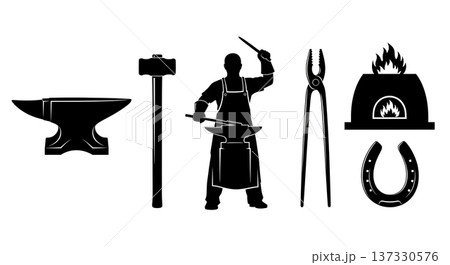 Black Solid Blacksmith Forge Silhouettes Set of Six on White Background 137330576