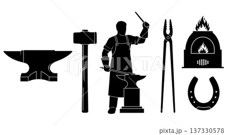 Black Solid Blacksmith Forge Silhouettes Set of Six on White Background Black Solid Blacksmith Forge Silhouettes Set of Six on White Background 137330578