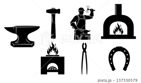 Black Solid Blacksmith Forge Silhouettes Set of Six on White Background 137330579