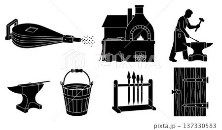 Black Solid Blacksmith Shop Silhouettes Set of Six on White Background Black Solid Blacksmith Shop Silhouettes Set of Six on White Background 137330583