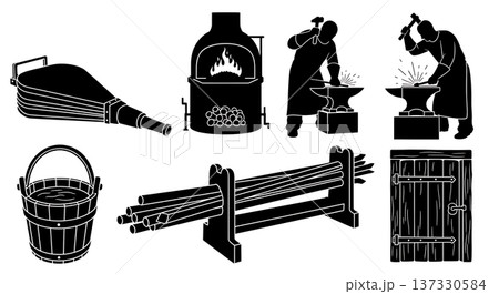 Black Solid Blacksmith Workshop Silhouettes Set of Six on White Background Black Solid Blacksmith Workshop Silhouettes Set of Six on White Background 137330584
