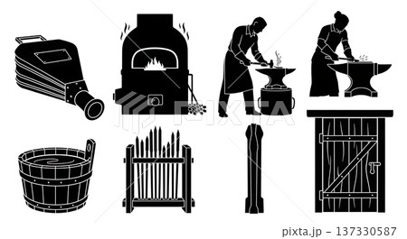 Black Solid Blacksmith Workshop Silhouettes Set of Six on White Background Black Solid Blacksmith Workshop Silhouettes Set of Six on White Background 137330587