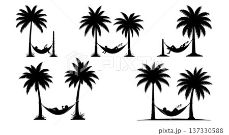 Black Solid Blooming Vine Palm Silhouettes Set of Six on White Background Black Solid Blooming Vine Palm Silhouettes Set of Six on White Background 137330588