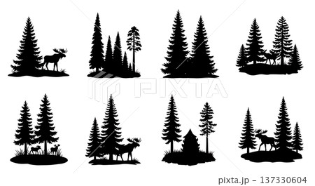 Black Solid Boreal Forest Pine Silhouettes Set of Six Black Solid Boreal Forest Pine Silhouettes Set of Six 137330604