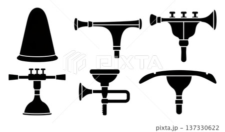 Black Solid Brass Mute Silhouettes Set of Six on White Background 137330622