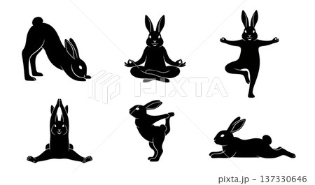 Black Solid Breathing Yoga Bunny Set of Six on White Background Black Solid Breathing Yoga Bunny Set of Six on White Background 137330646