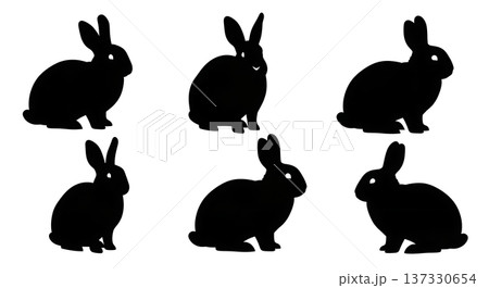 Black Solid Breed Variation Bunny Silhouettes Set of Six on White Background 137330654