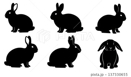 Black Solid Breed Variation Bunny Silhouettes Set of Six on White Background 137330655