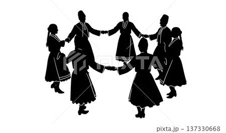 Black Solid Bulgarian Horo Circle Dance Silhouettes Set of Six on White Background 137330668