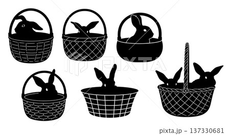 Black Solid Bunnies in Baskets Silhouettes Set of Six on White Background Black Solid Bunnies in Baskets Silhouettes Set of Six on White Background 137330681