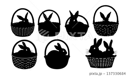 Black Solid Bunnies in Baskets Silhouettes Set of Six on White Background Black Solid Bunnies in Baskets Silhouettes Set of Six on White Background 137330684