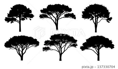 Black Solid Bushy Pine Tree Silhouettes Set of Six 137330704