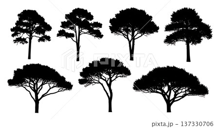 Black Solid Bushy Pine Tree Silhouettes Set of Six 137330706