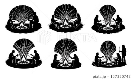 Black Solid Campfire Gathering Light Silhouettes Set of Six on White Background Black Solid Campfire Gathering Light Silhouettes Set of Six on White Background 137330742