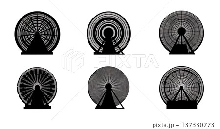 Black Solid Carnival Ride Light Trail Silhouettes Set of Six on White Background Black Solid Carnival Ride Light Trail Silhouettes Set of Six on White Background 137330773