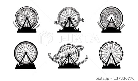 Black Solid Carnival Ride Light Trail Silhouettes Set of Six on White Background Black Solid Carnival Ride Light Trail Silhouettes Set of Six on White Background 137330776