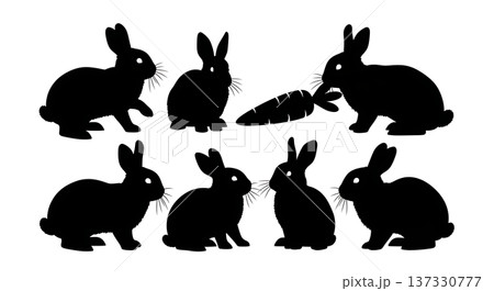 Black Solid Carrot Toy Bunny Silhouettes Set of Six on White Background 137330777