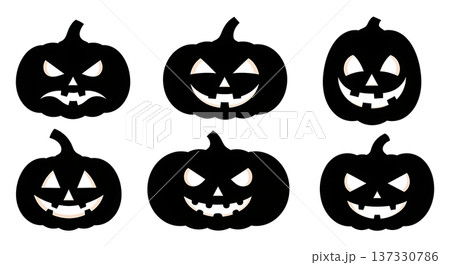 Black Solid Carved Pumpkin Silhouettes Set of Six on White Background Black Solid Carved Pumpkin Silhouettes Set of Six on White Background 137330786