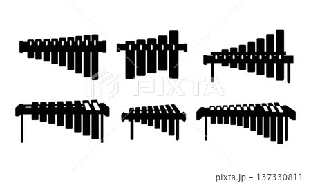 Black Solid Cello Bass Detail Silhouettes Set of Six on White Background 137330811