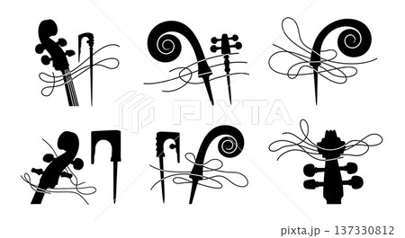 Black Solid Cello Bass Detail Silhouettes Set of Six on White Background 137330812