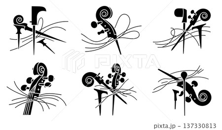Black Solid Cello Bass Detail Silhouettes Set of Six on White Background 137330813