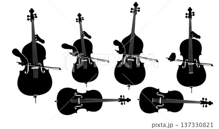 Black Solid Cello and Double Bass Silhouettes Set of Six on White Background 137330821