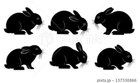 Black Solid Chinning Bunny Silhouettes Set of Six on White Background Black Solid Chinning Bunny Silhouettes Set of Six on White Background 137330866