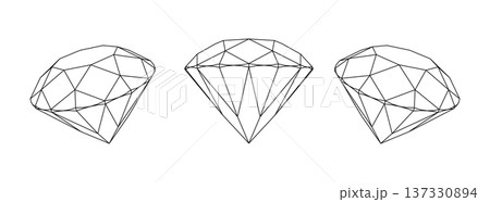 Monochrome wireframe diamond crystal with geometric facets, abstract 3D form, clean grid lines and symmetry, futuristic minimal design concept for technology, science, and digital backgrounds. 137330894