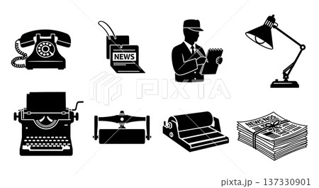 Black Solid 1930s Newsroom Office Silhouettes Set of Six on White Background Black Solid 1930s Newsroom Office Silhouettes Set of Six on White Background 137330901