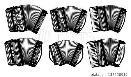 Black Solid Accordion Silhouettes Set of Six on White Background 137330911