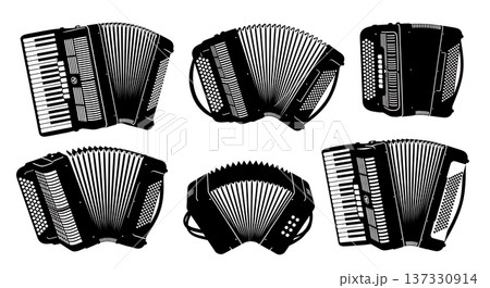 Black Solid Accordion Silhouettes Set of Six on White Background Black Solid Accordion Silhouettes Set of Six on White Background 137330914